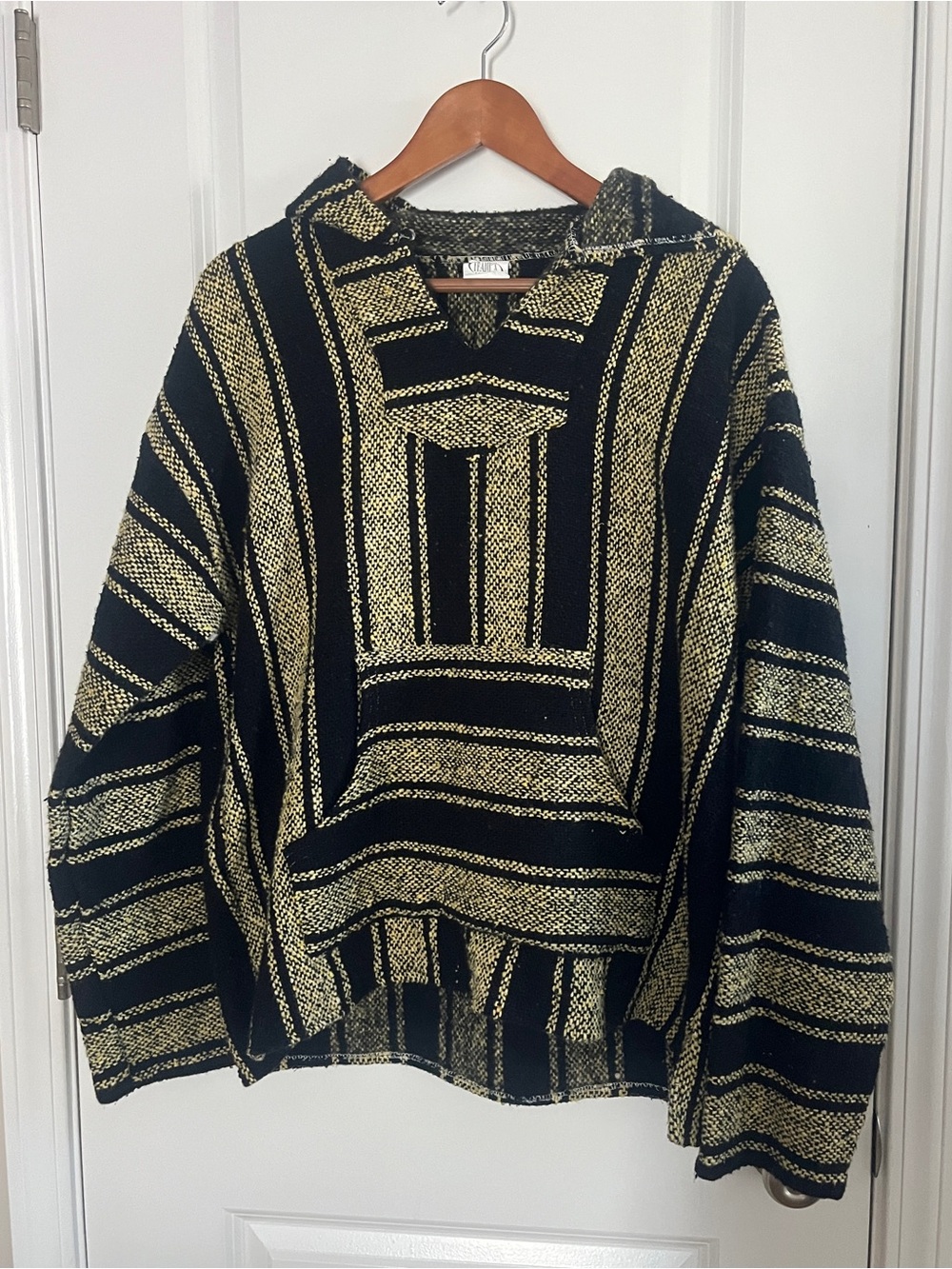 Striped Crewneck Baja Pullover in Black and Cream